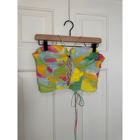 Zara Tops - Zara Multi Color Abstract Ruched Lace Up Corset Crop Top Large